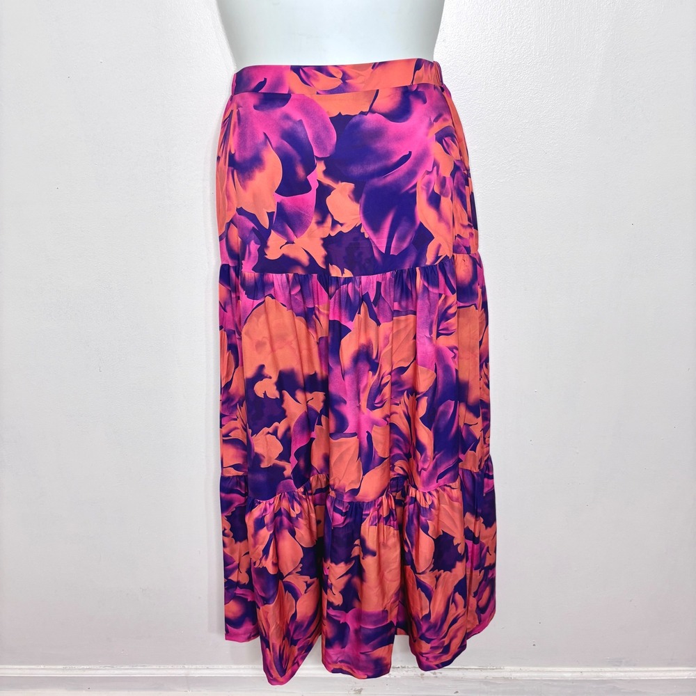 Shein Tiered Maxi Skirt Medium Pink Orange Floral Ruffle Boho Vacation Outings